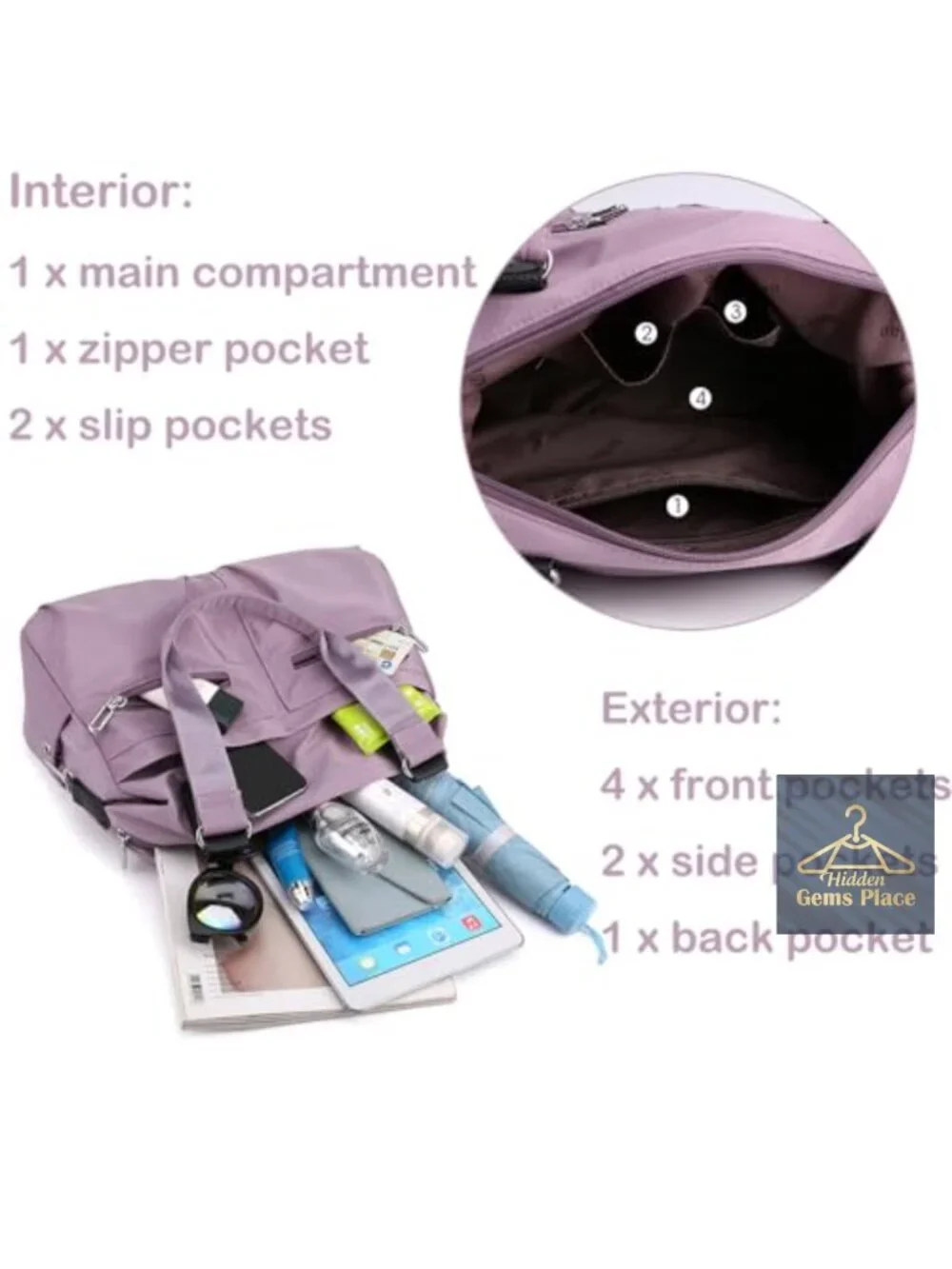 Water resistant nylon tote bag multi pocket hobo shoulder travel purse
